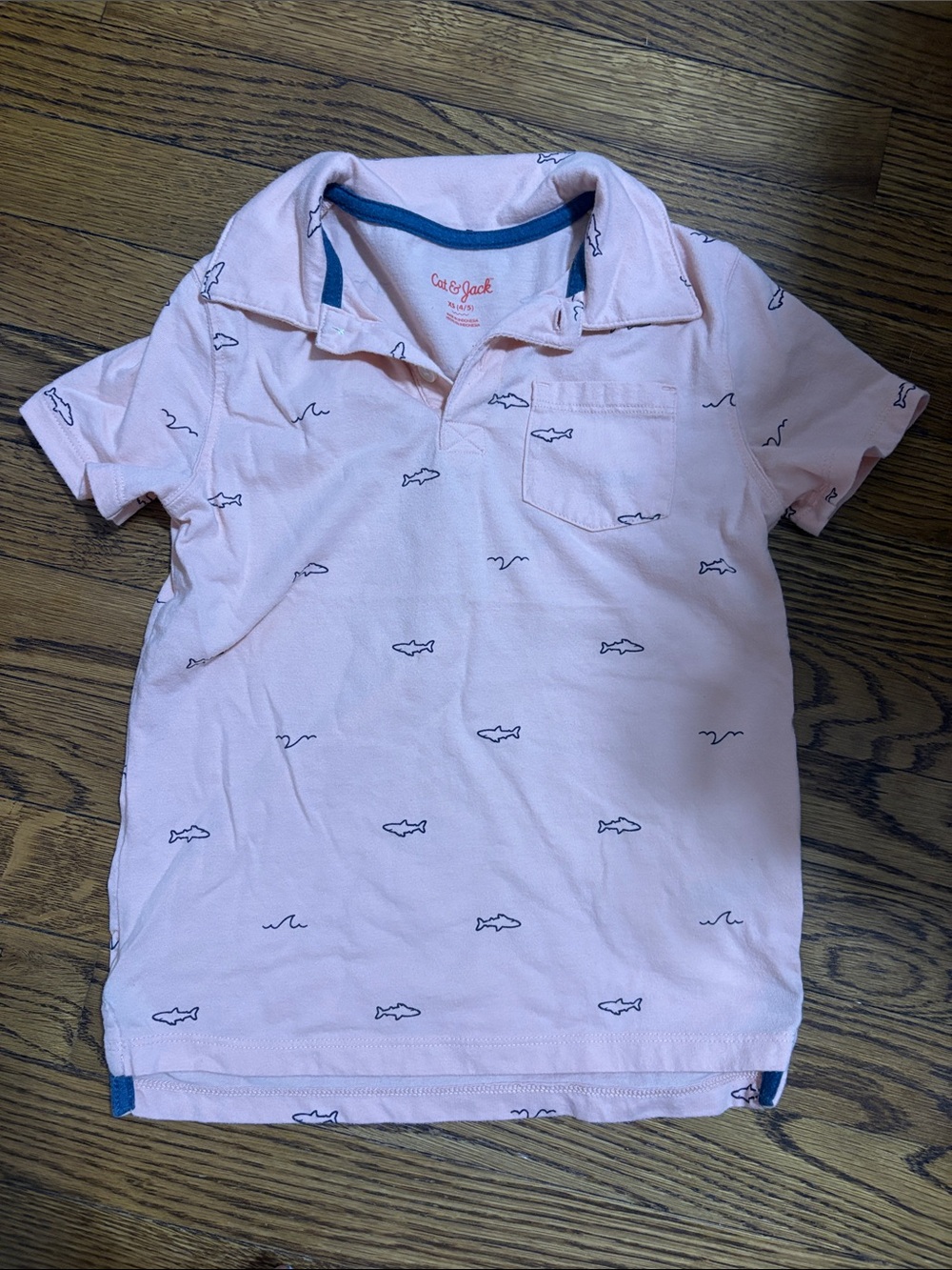Cat & Jack Pink Polo with Navy Shark Motif